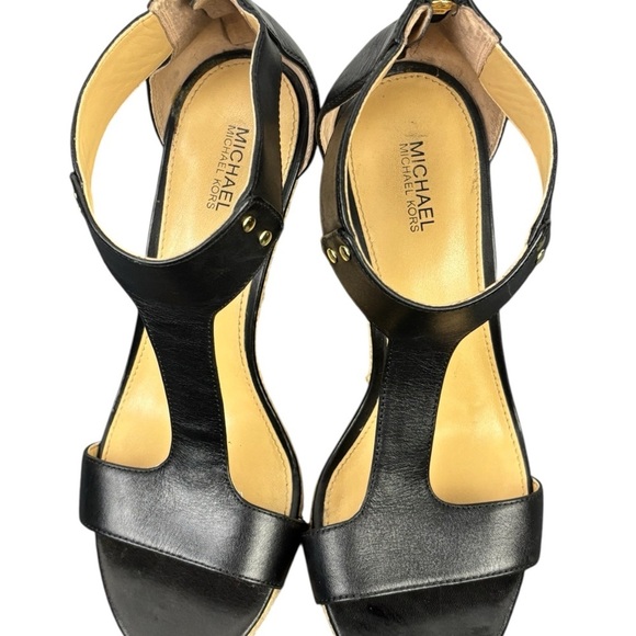 Michael Kors Black T-Strap Women's Wedge Sandals Size 7.5 - Picture 2 of 11
